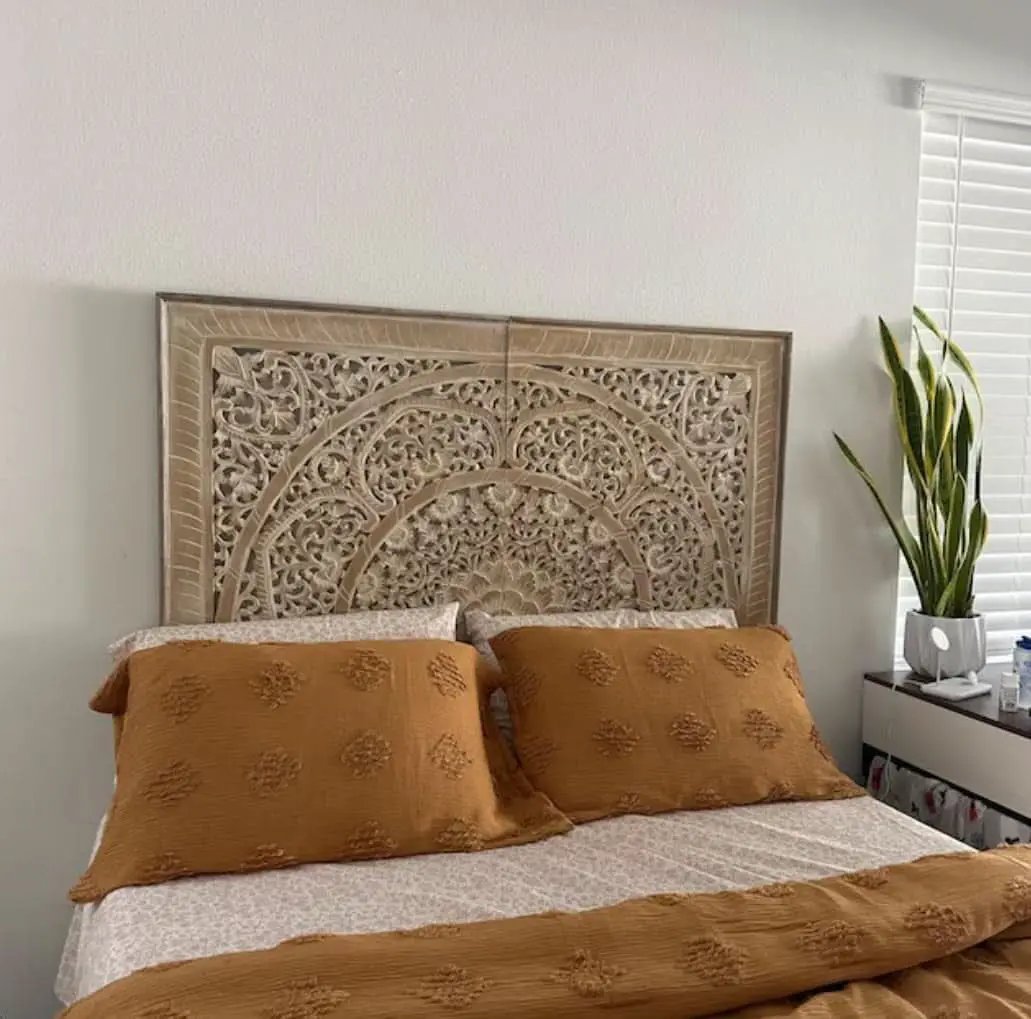 Handcrafted White-Wash Wooden Queen Headboard with Carved Design from PriceLows™