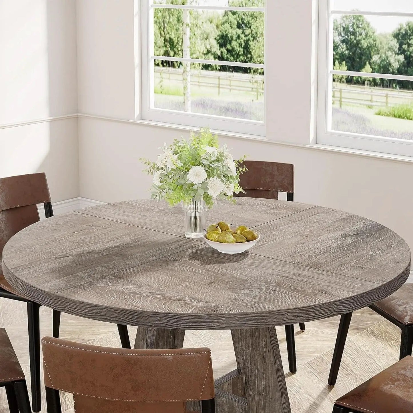 Round Dining Table 47 Inch Wood Farmhouse Grey Kitchen from PriceLows™
