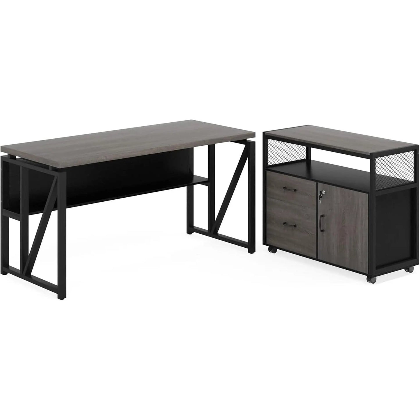 Gray L-Shaped Desk 55 Inch With Storage Cabinet For Office from PriceLows™