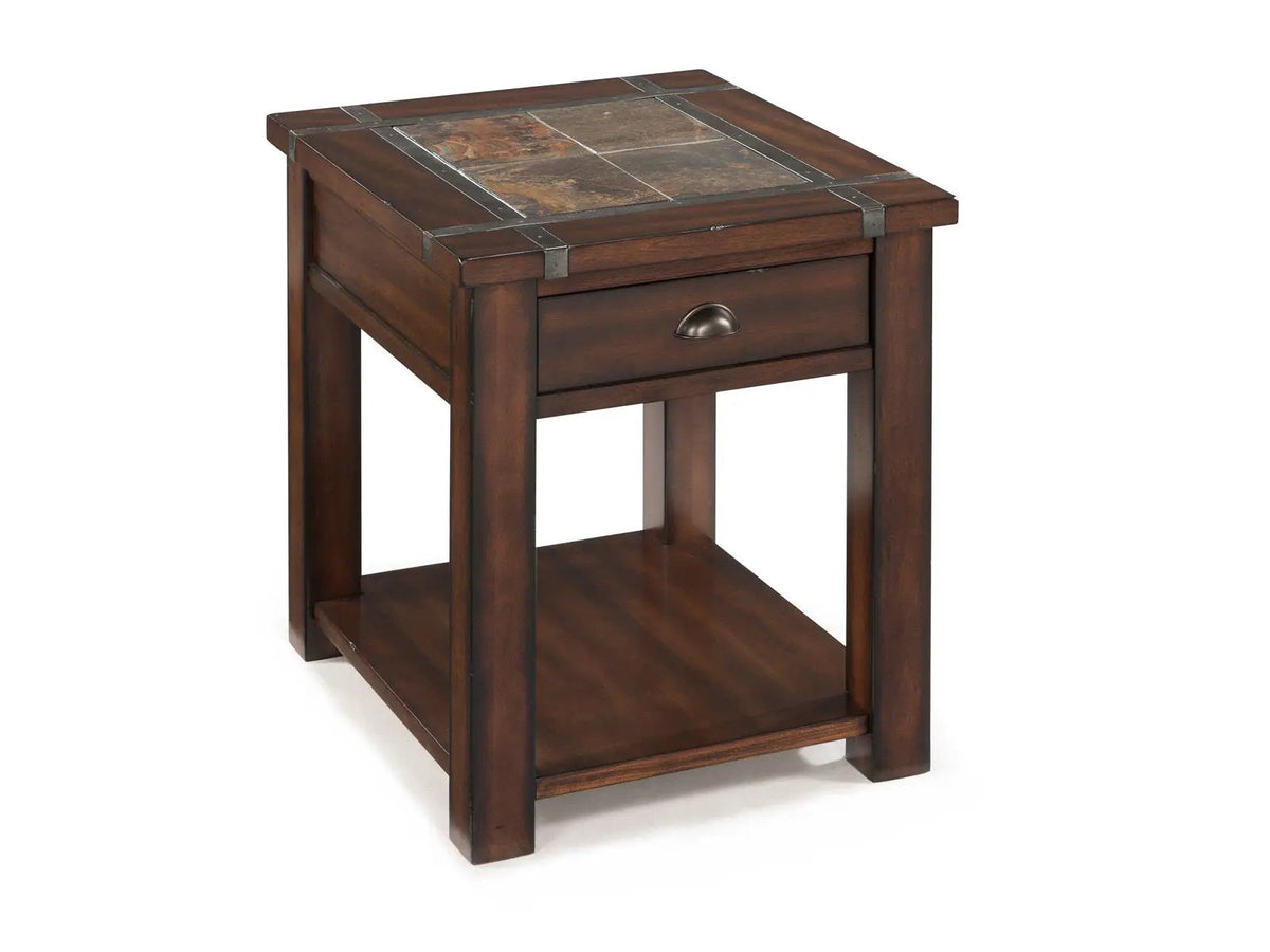 Roanoke Rectangular End Table | Slate Inlay | Pewter Strapping And Hardware | Transitional Style