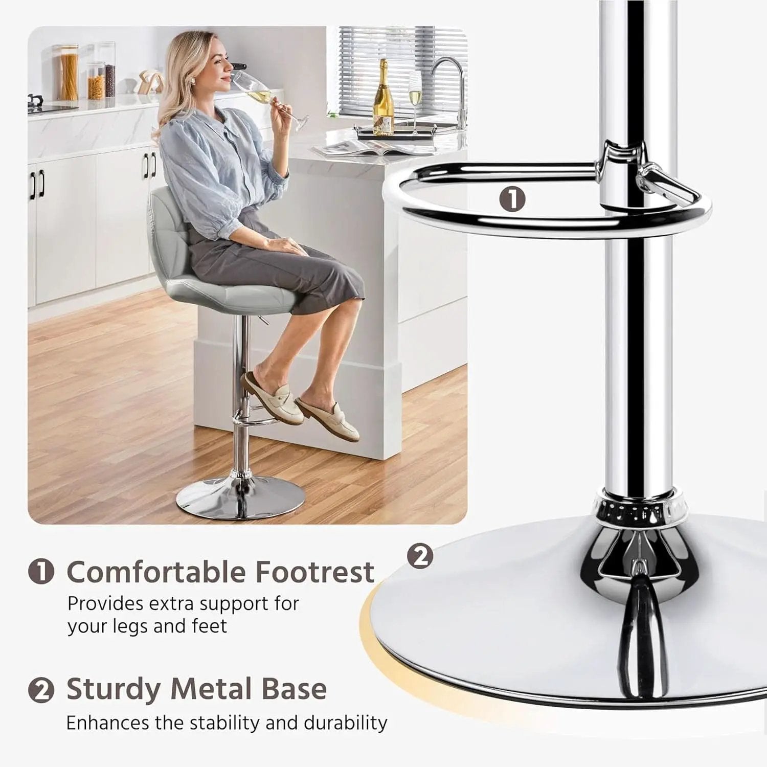 Grey PU Leather Bar Stools Set Of 2 Adjustable Height from PriceLows™