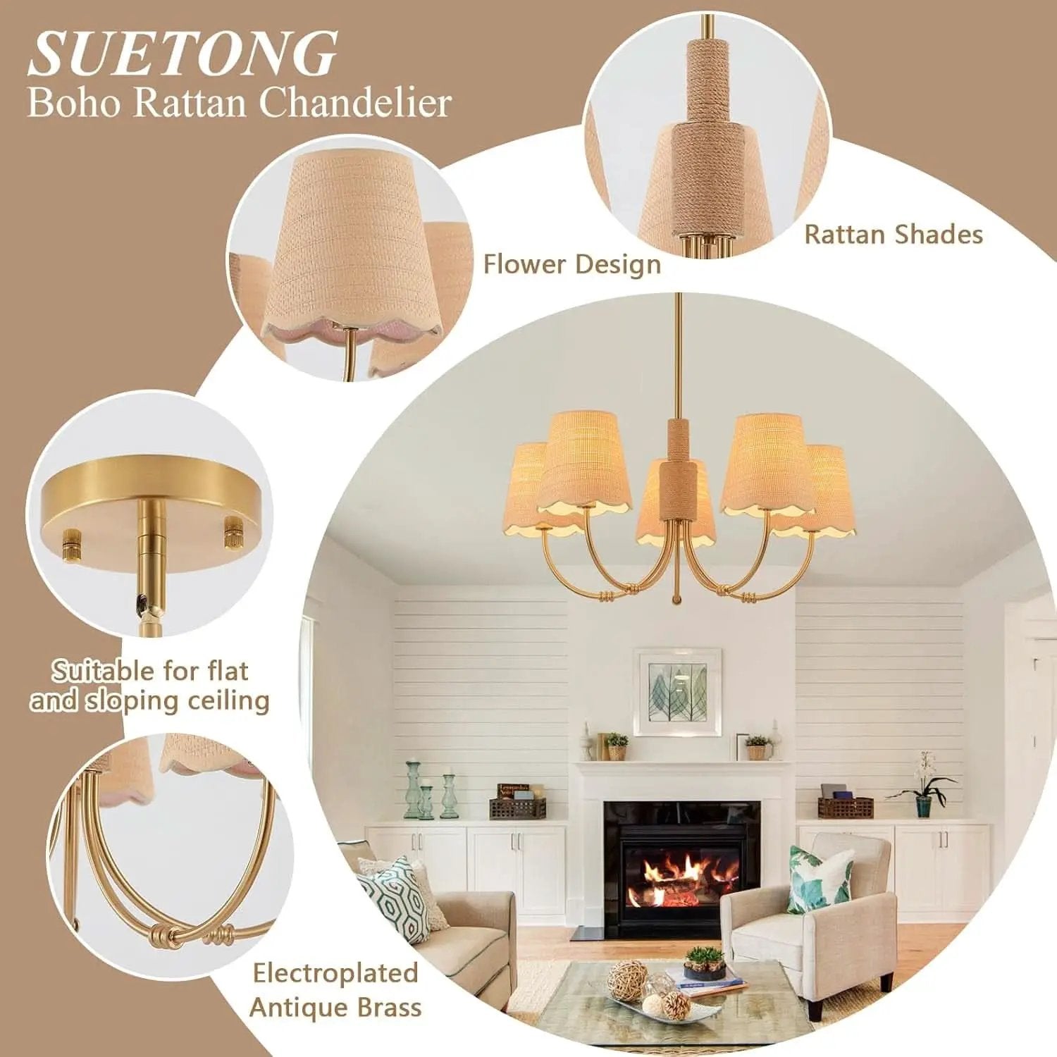 Antique Brass Boho Rattan Chandelier Pendant Dimmable from PriceLows™