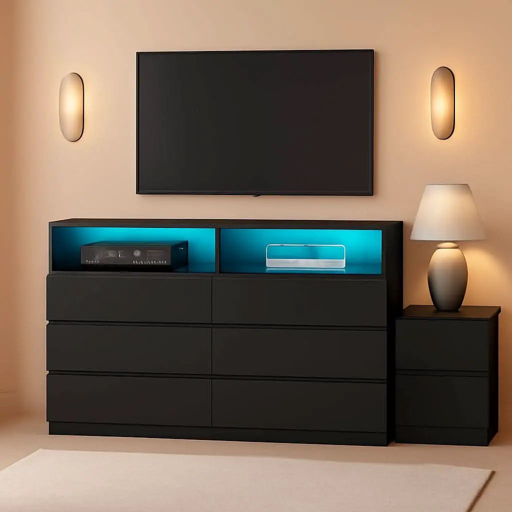 White 6 Drawer Dresser With LED Lighting And Charging Station from PriceLows™