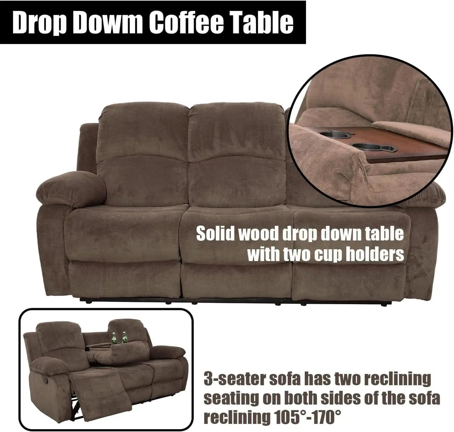 Recliner Sofa Set With Drop Down Table And Storage Console Brown Velvet from PriceLows™