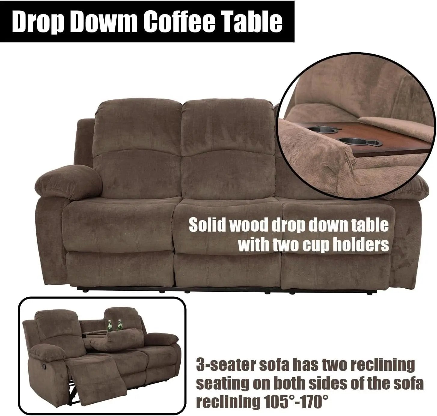 Recliner Sofa Set With Drop Down Table And Storage Console Brown Velvet from PriceLows™