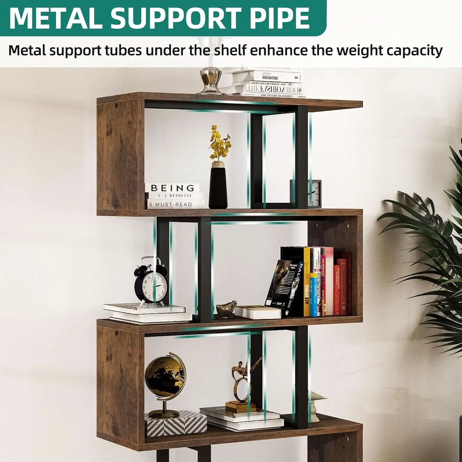 S Shaped 5 Tier Bookshelf Bookcase In Retro Brown Finish from PriceLows™