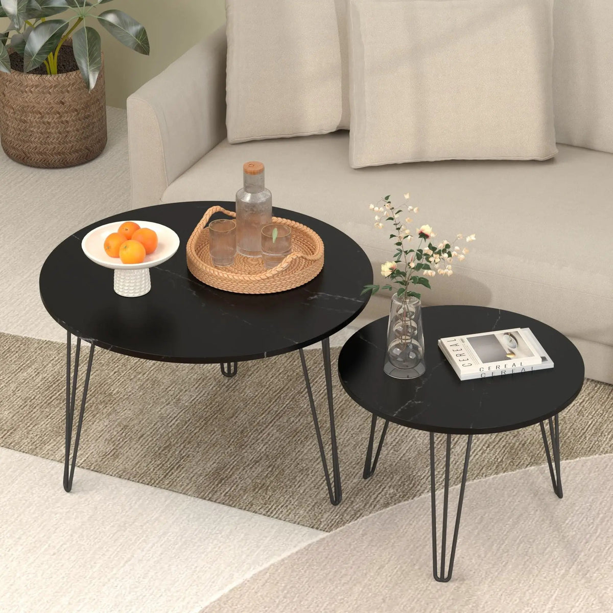 Round Nesting Coffee Table | Faux Marble Top | Steel Base | Set Of 2