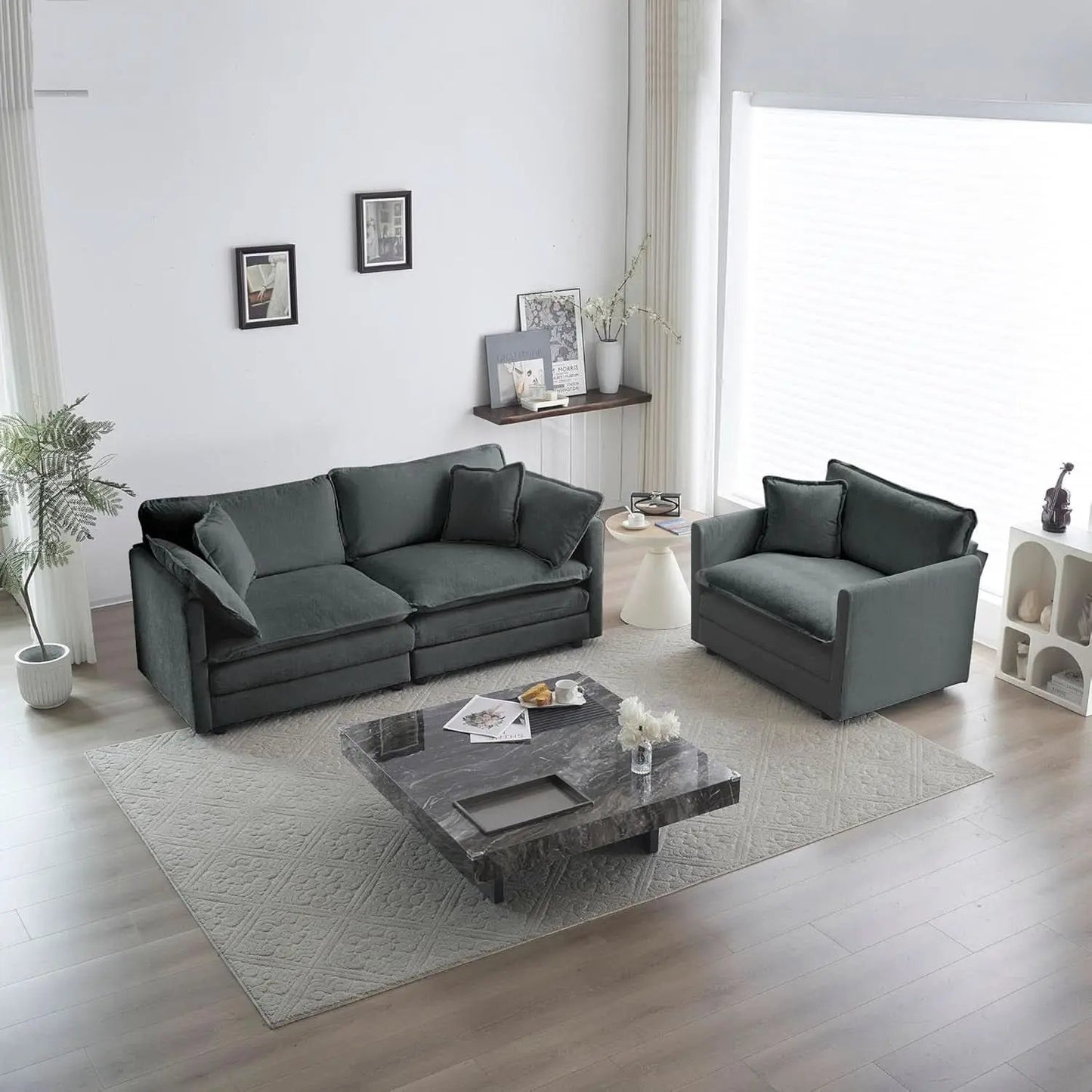 Grey Chenille 2 Piece Loveseat Armchair Set With Pillows from PriceLows™