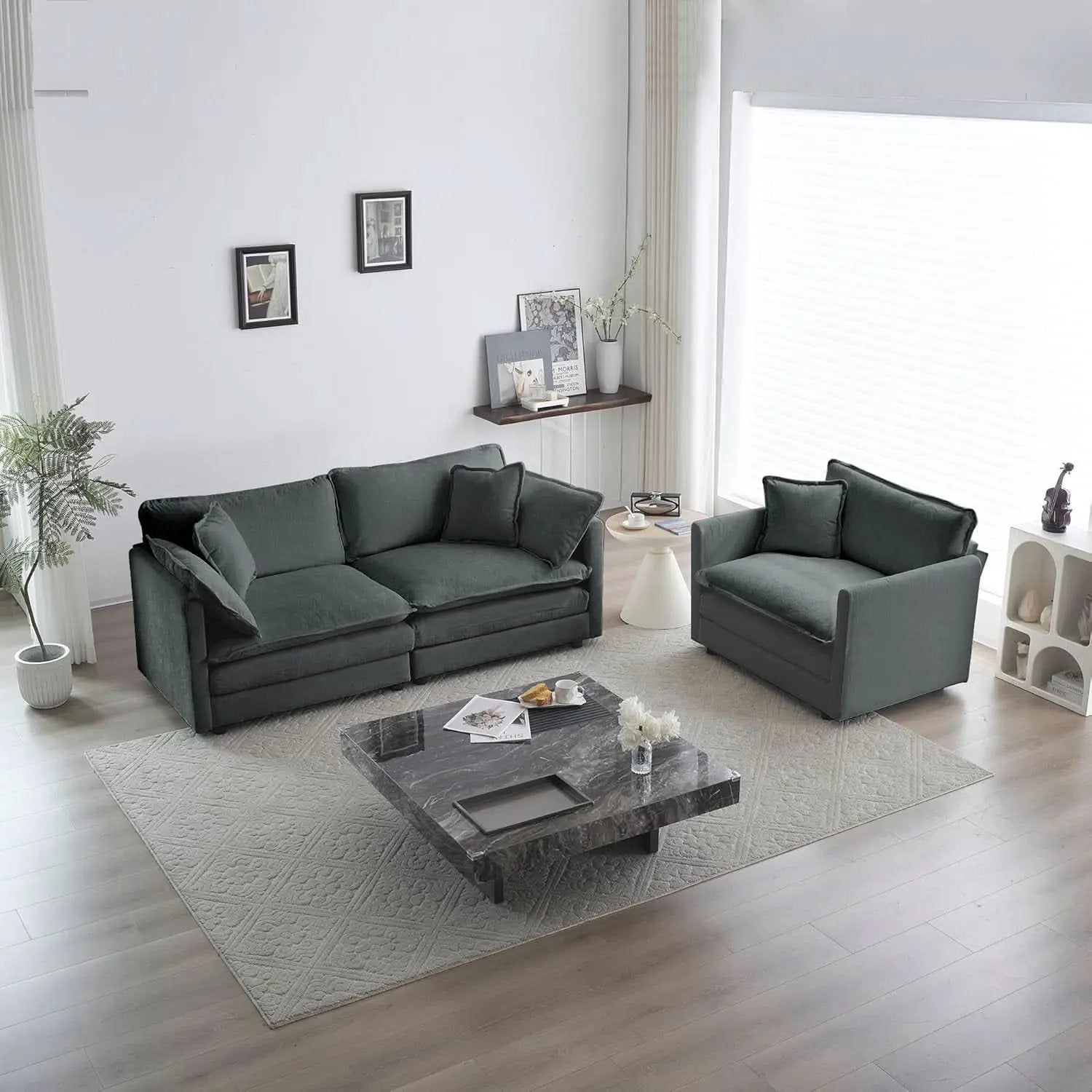 Grey Chenille 2 Piece Loveseat Armchair Set With Pillows from PriceLows™