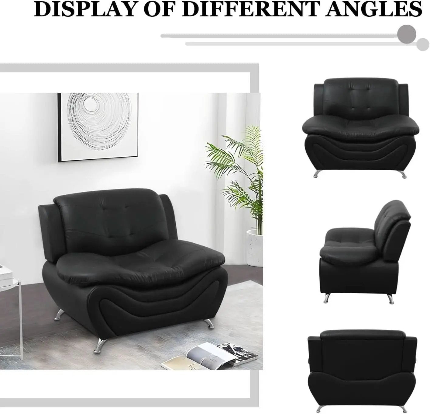 3 Piece Faux Leather Sofa Set For Living Room Black 3 Seater Sofa Loveseat Armchair from PriceLows™