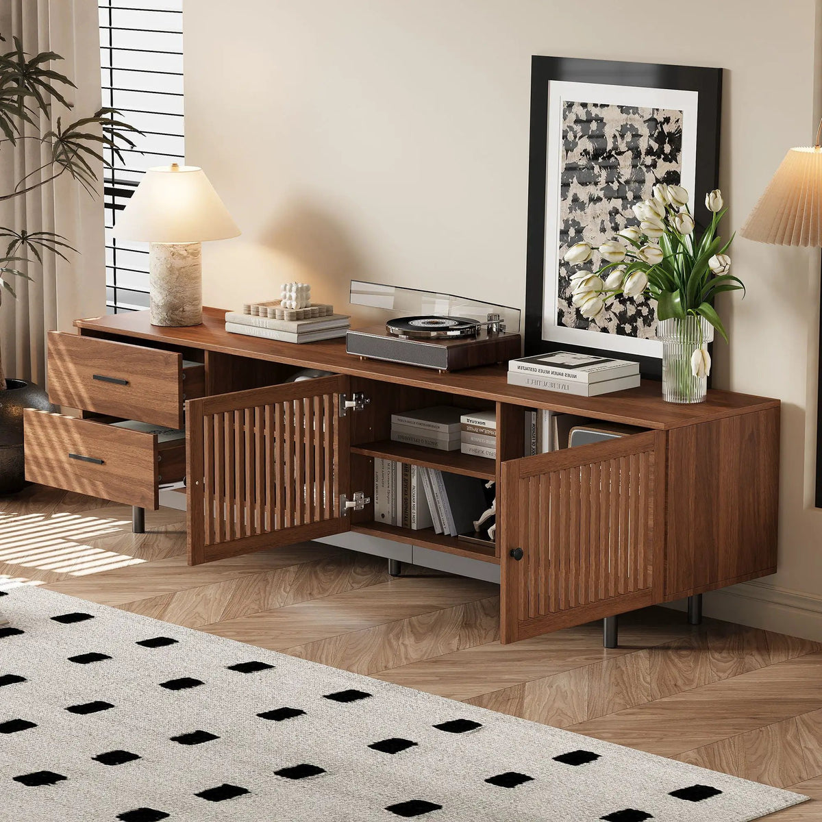 TV Stand | Adjustable Shelves | Cable Management | Walnut