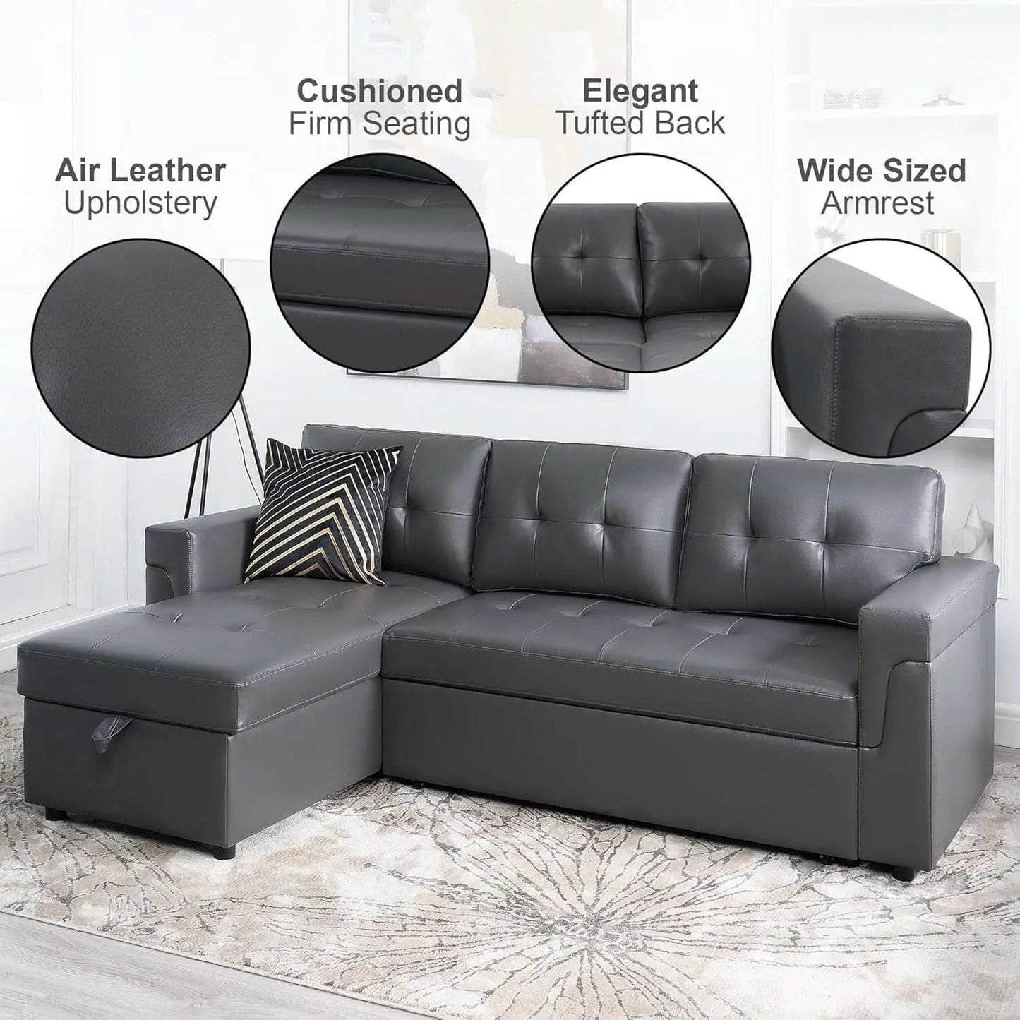 Sleeper Sectional Sofa With Convertible Bed In Dark Gray from PriceLows™