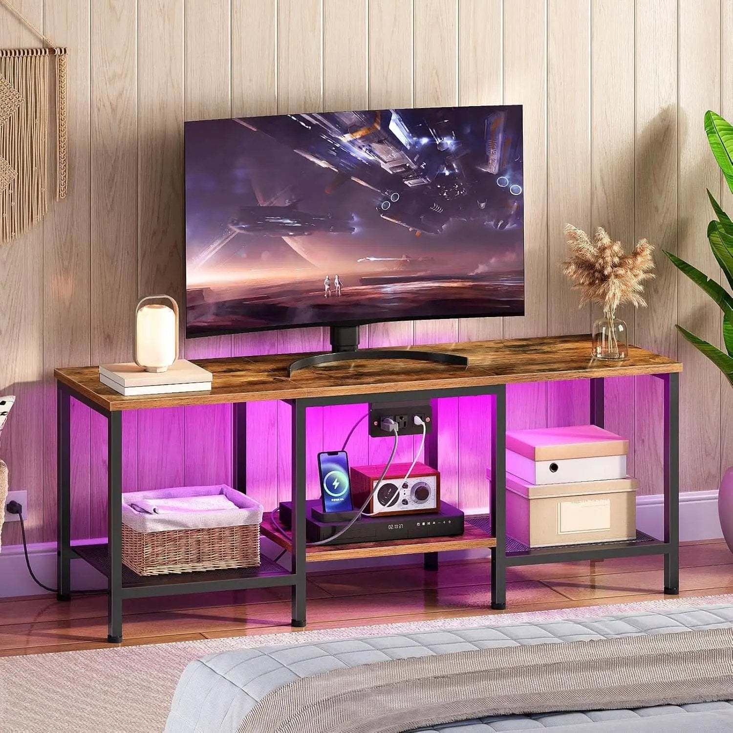 Rustic Brown And Black LED TV Stand With Charging Station Up To 55 Inches from PriceLows™