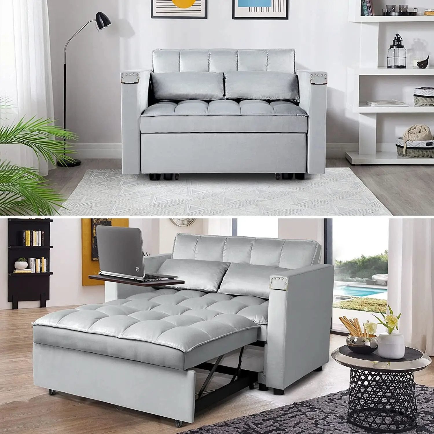 Sofa Bed With Hidden Table Velvet Fabric For Small Spaces from PriceLows™