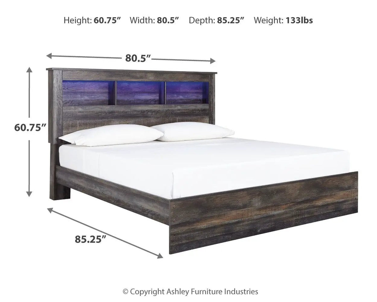 Drystan Panel Bookcase Bed | Storage Headboard | Rustic Industrial Style | 85 Inch Length