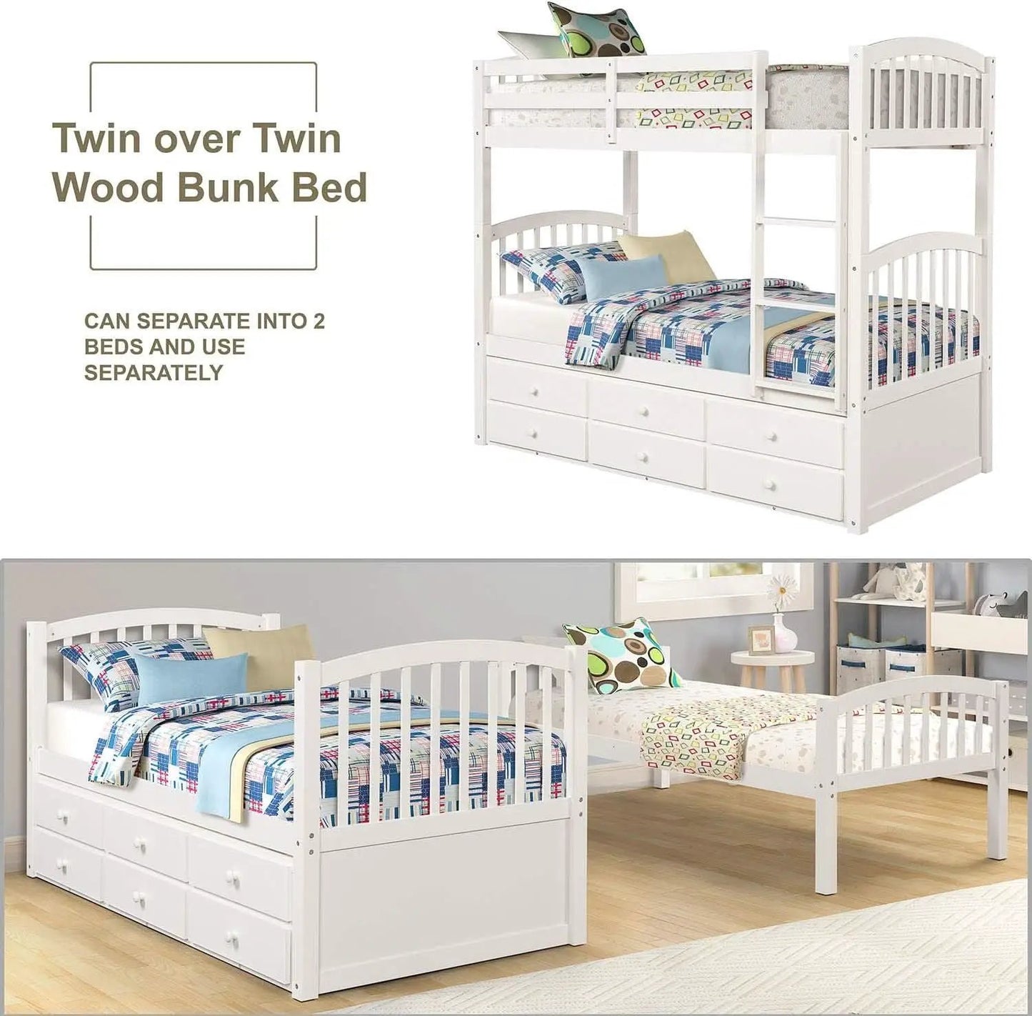 Twin Over Twin Bunk Bed With Trundle And Drawers White from PriceLows™
