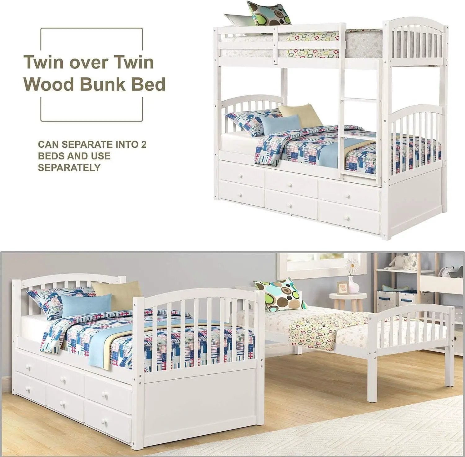 Twin Over Twin Bunk Bed With Trundle And Drawers White from PriceLows™