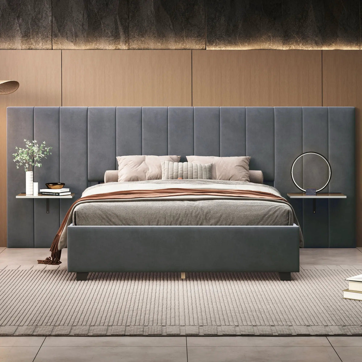 Upholstered Platform Bed | Oversized Ultra-Soft Headboard | Integrated Side Shelves | 111.8 Inch Length
