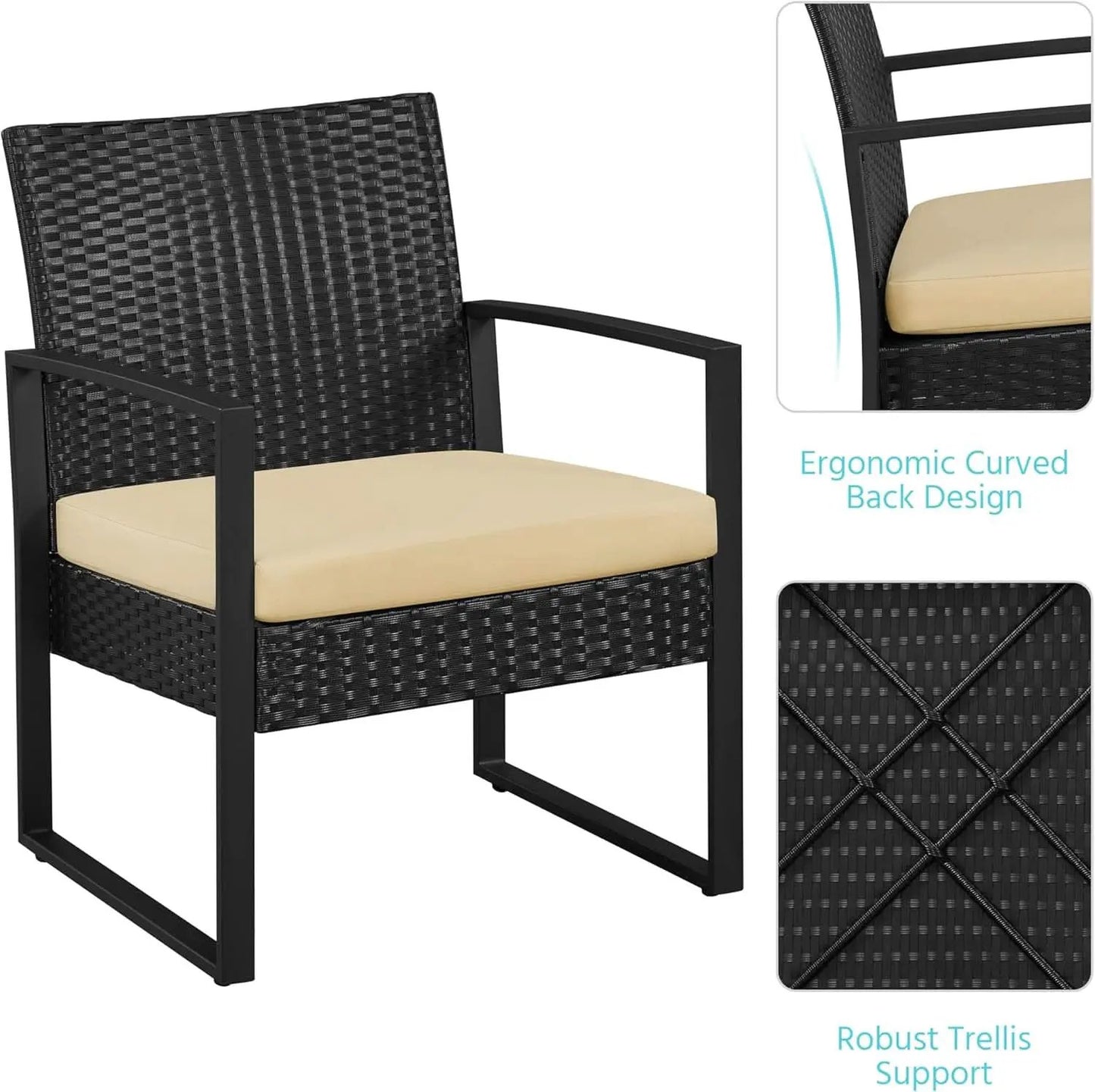 3 Piece Rattan Bistro Set Outdoor Furniture With 2 Chairs And Tempered Glass Coffee Table Black And Khaki from PriceLows™