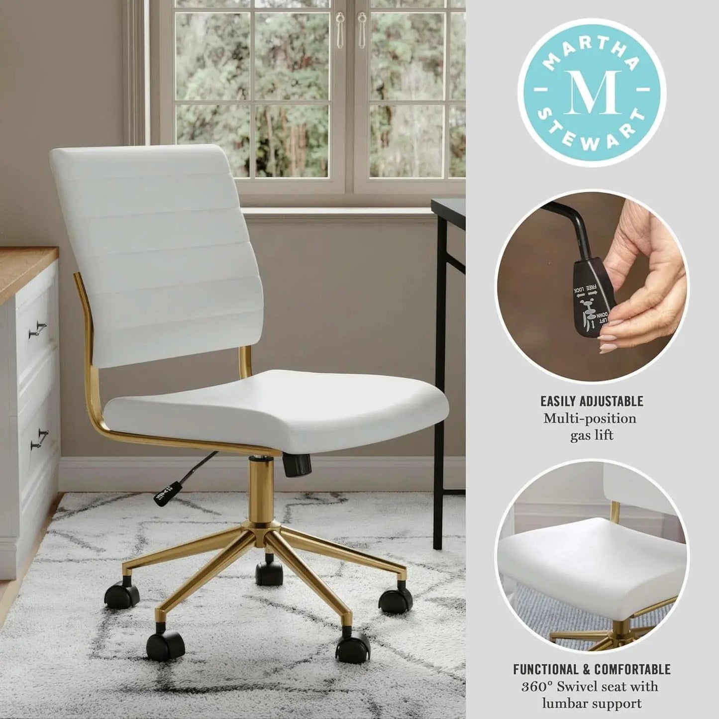 White Faux Leather Armless Swivel Chair Brass Frame from PriceLows™