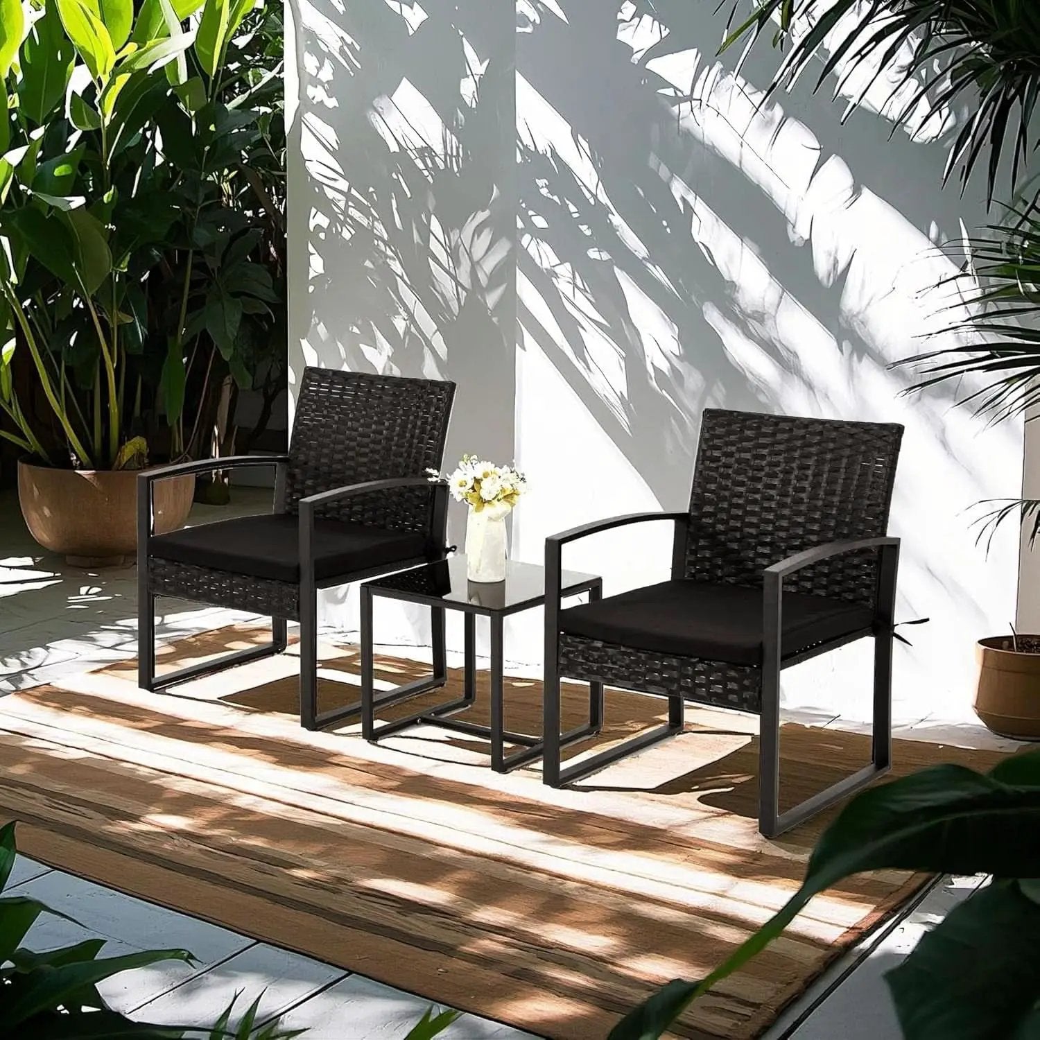 3 Piece Outdoor Rattan Patio Furniture Set With Durable Steel Frame And Strapped Cushions from PriceLows™