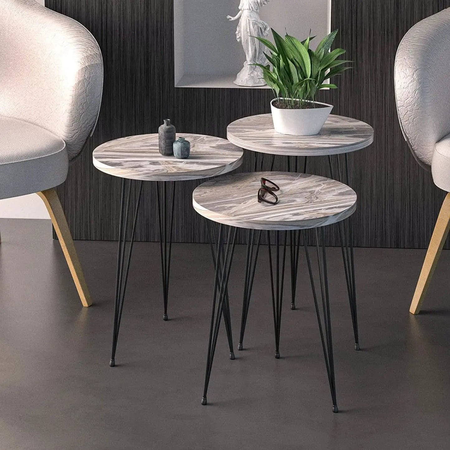 Grey Marble Nesting Tables Set Of 3 Modern Round End Tables from PriceLows™