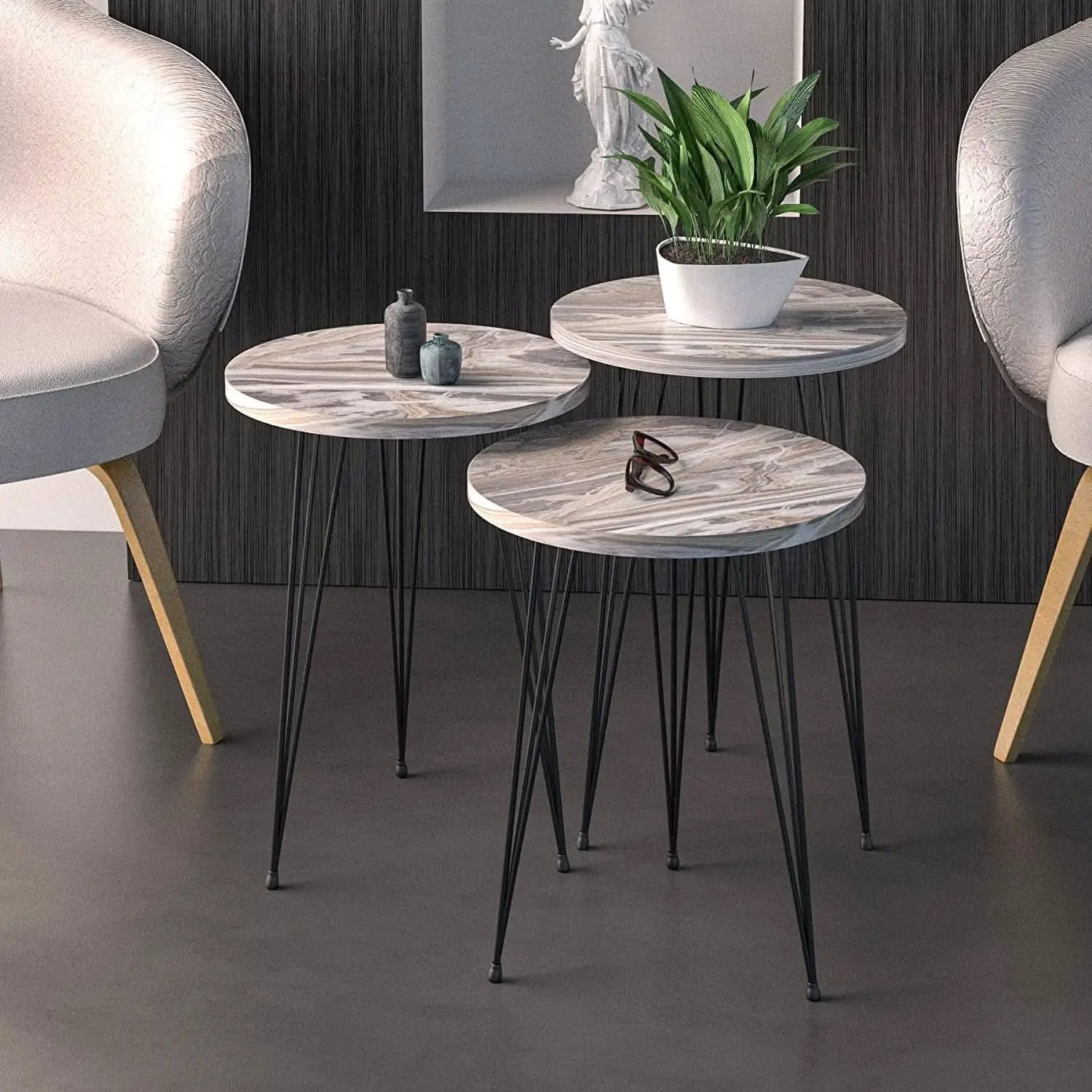 Grey Marble Nesting Tables Set Of 3 Modern Round End Tables from PriceLows™