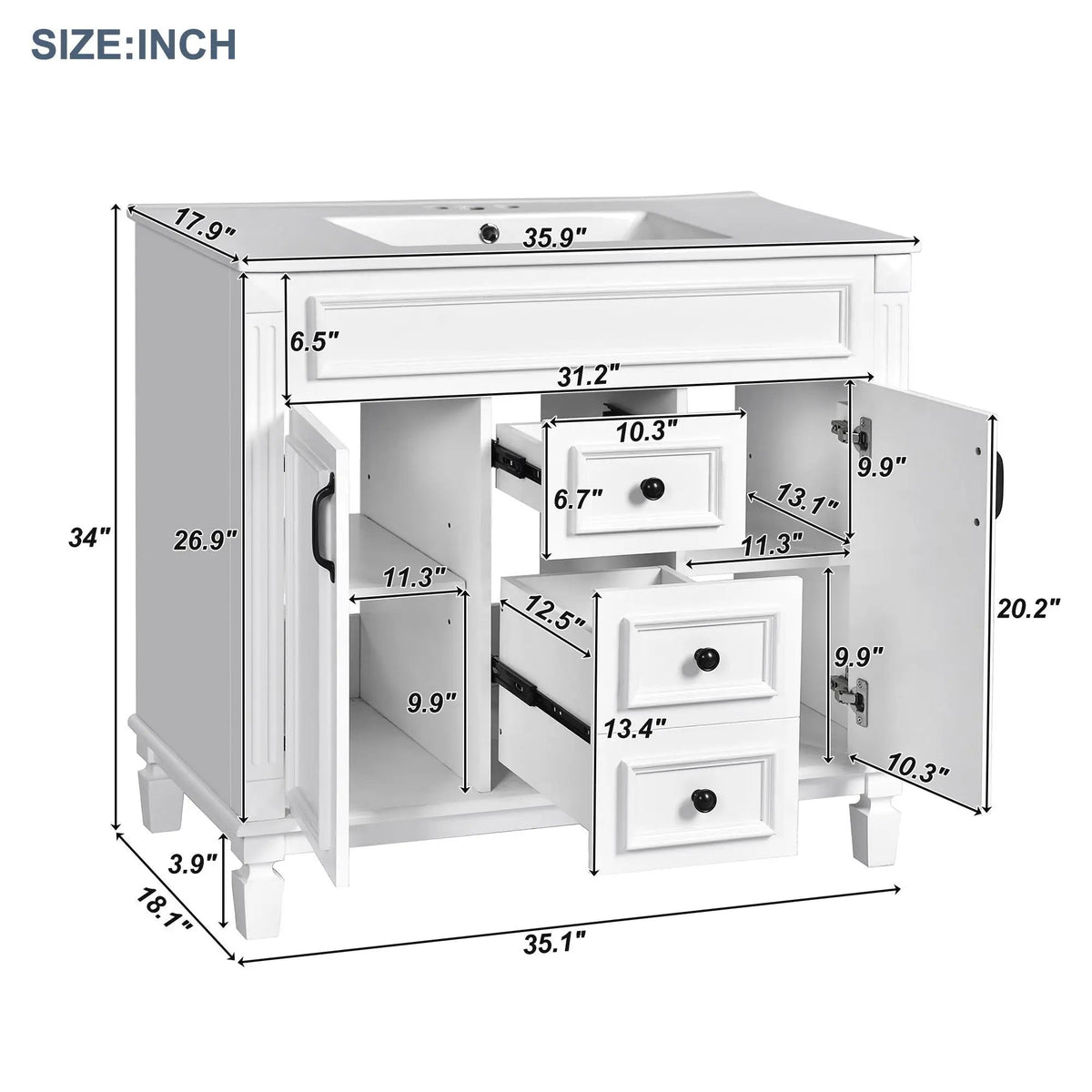 36 Inch Bathroom Vanity With Top Sink | Basin On Cabinet | 2 Soft Closing Doors | 2 Drawers