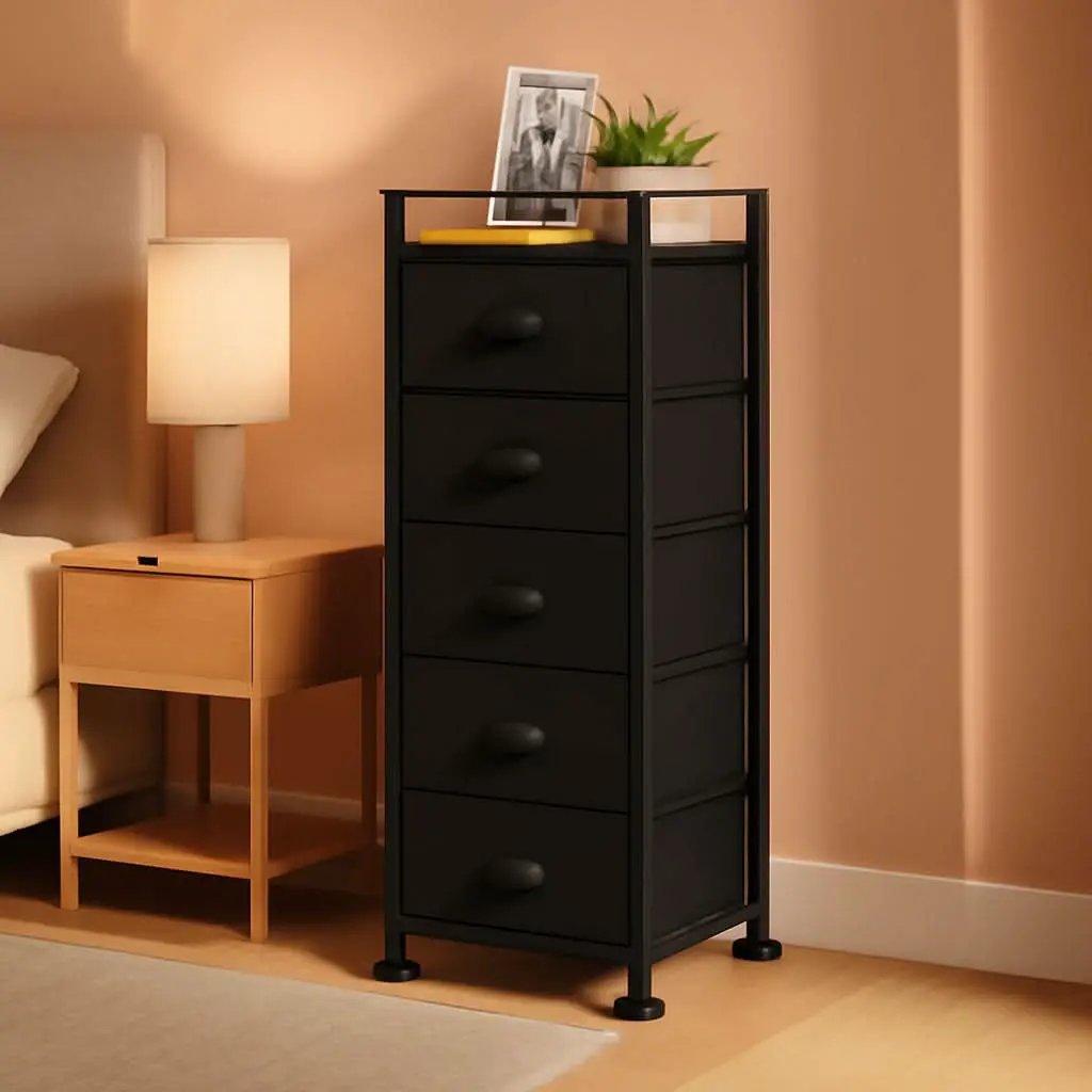 Black SlimStorage Narrow Five Drawer Dresser On Wheels from PriceLows™