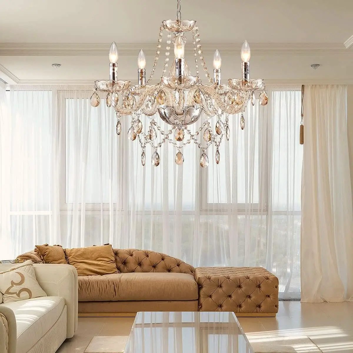 Champagne Crystal Chandelier 5 Light Modern Bedroom from PriceLows™