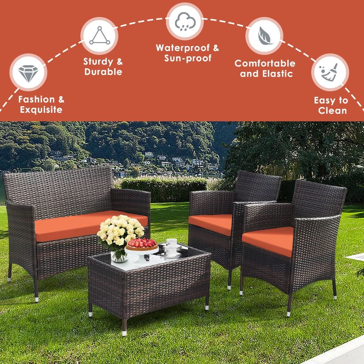 Rattan Patio Set With Cushioned Chairs And Glass Table from PriceLows™