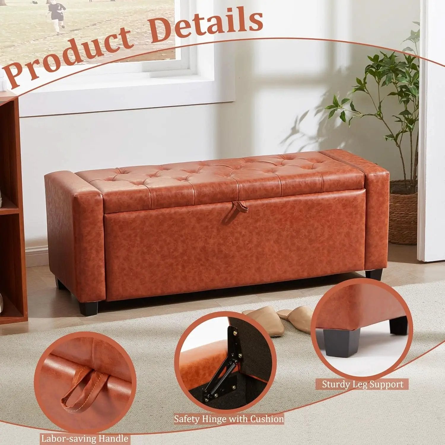 Storage Ottoman Tufted Leather Reddish Brown Bench from PriceLows™