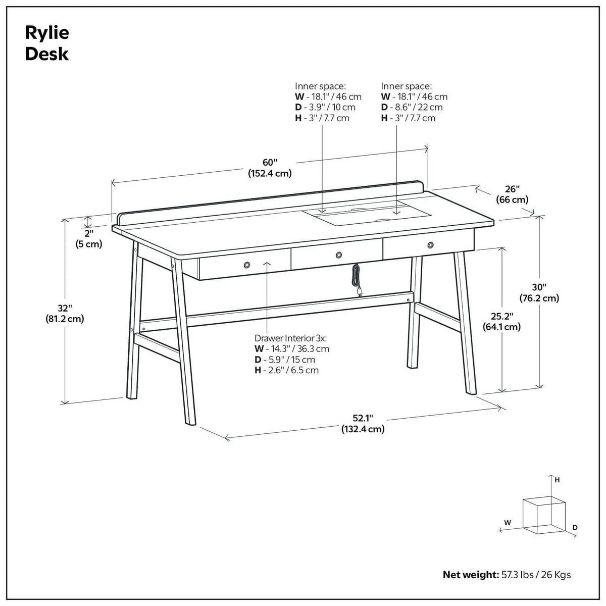 Rylie Desk | 60 x 26 x 32 in | Solid Wood | Natural Aged Brown