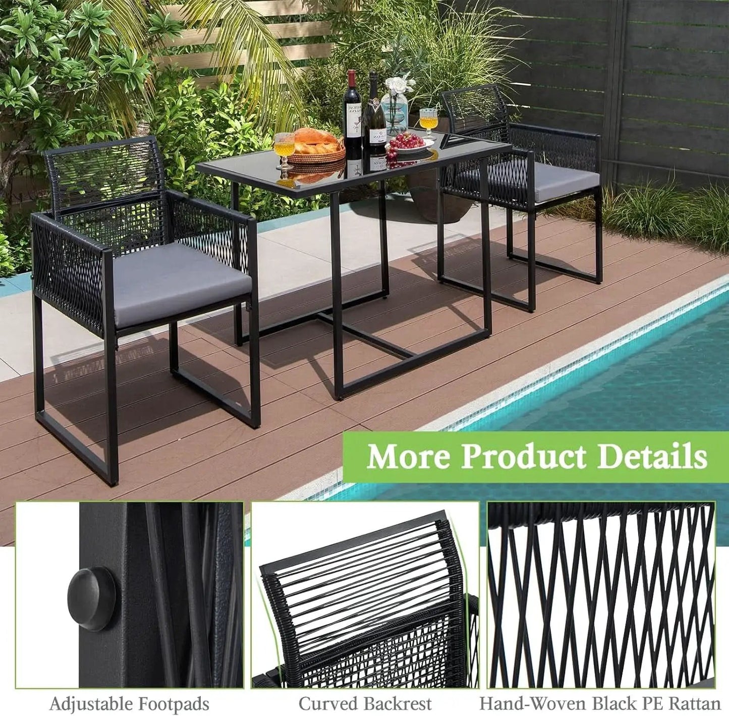3 Piece Outdoor Dining Set With Folding Backrests And Tempered Glass Tabletop For Patio And Poolside from PriceLows™