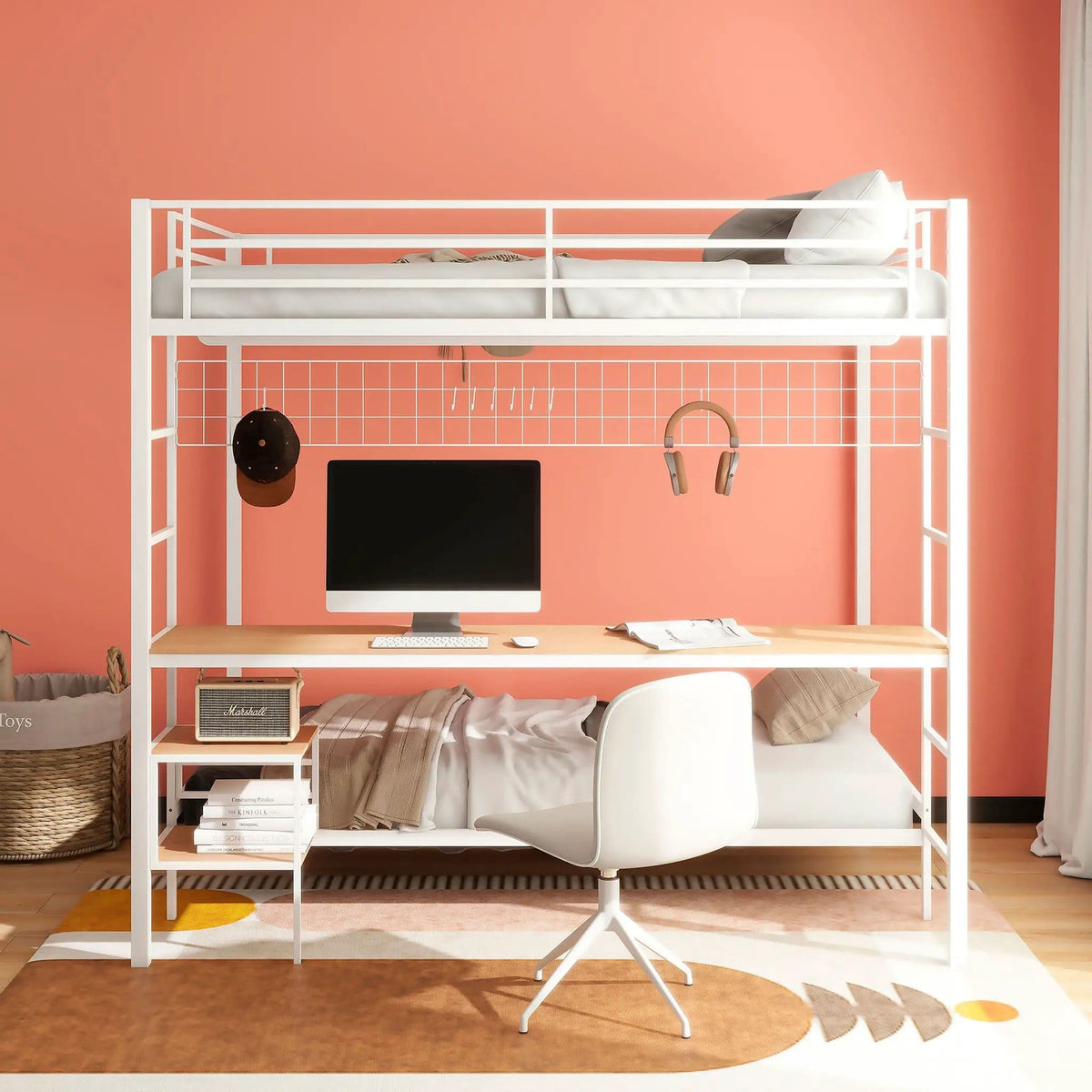 Bettoni Metal Full Over Twin Workstation Bunk Bed Matte | 77.75 x 56.25 x 72 in | Engineered Wood & Metal | White