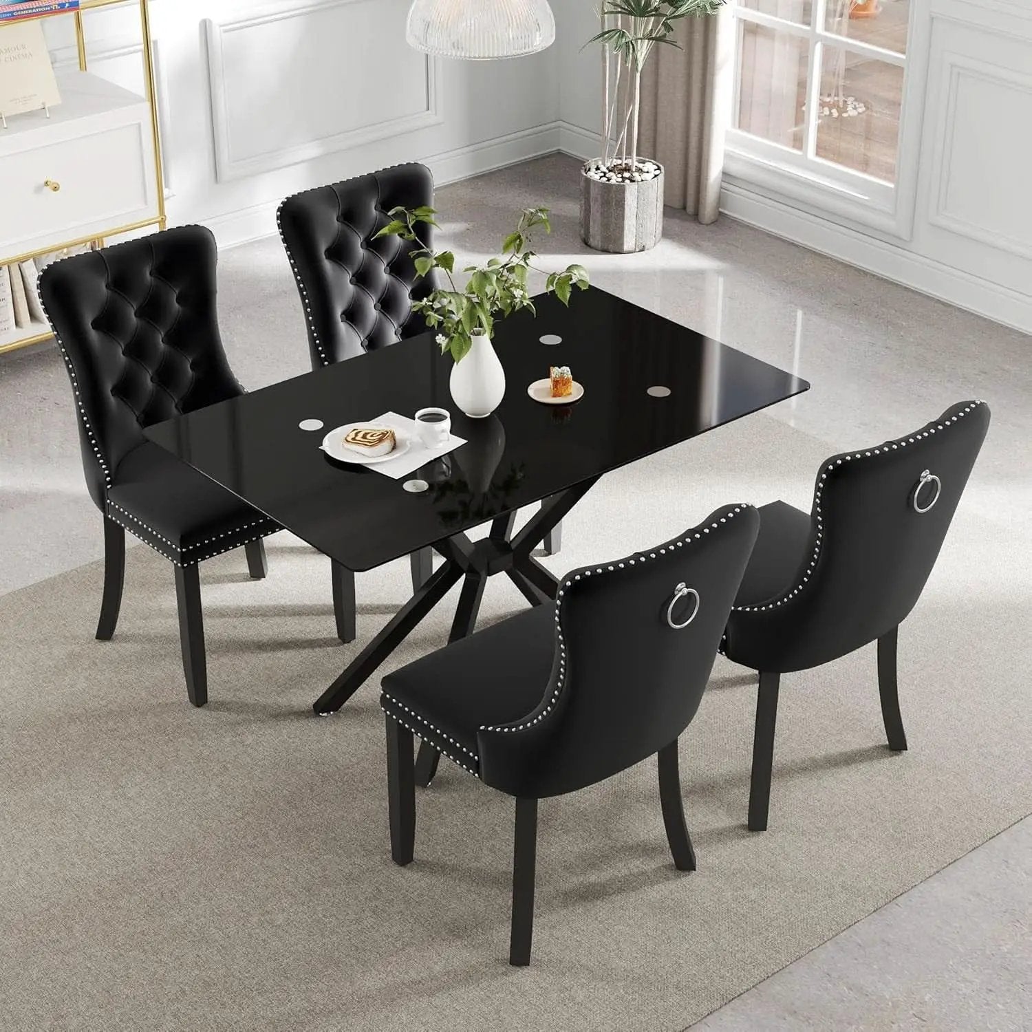 BlackGlassDiningSetForFourTuftedChairsWithNonSlipFeet from PriceLows™