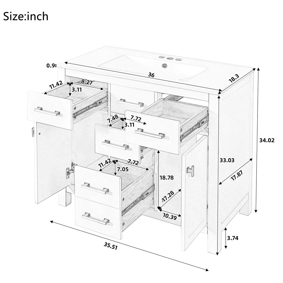 36 Inch Bathroom Vanity | Resin Sink Combo Set | 4 Drawers | Solid Wood Feet