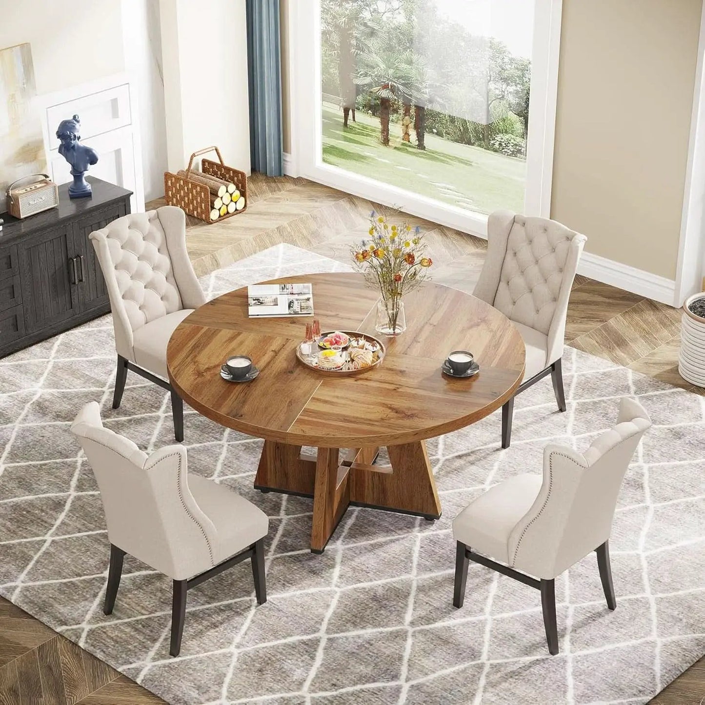 Round 47 Inch Farmhouse Dining Table For Four Kitchen Living Room Wood from PriceLows™