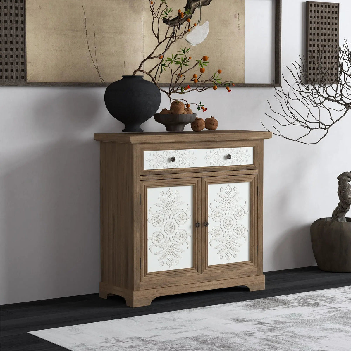 Accent Cabinet | Carved Floral Panels | Distressed Finish | Antique Brown