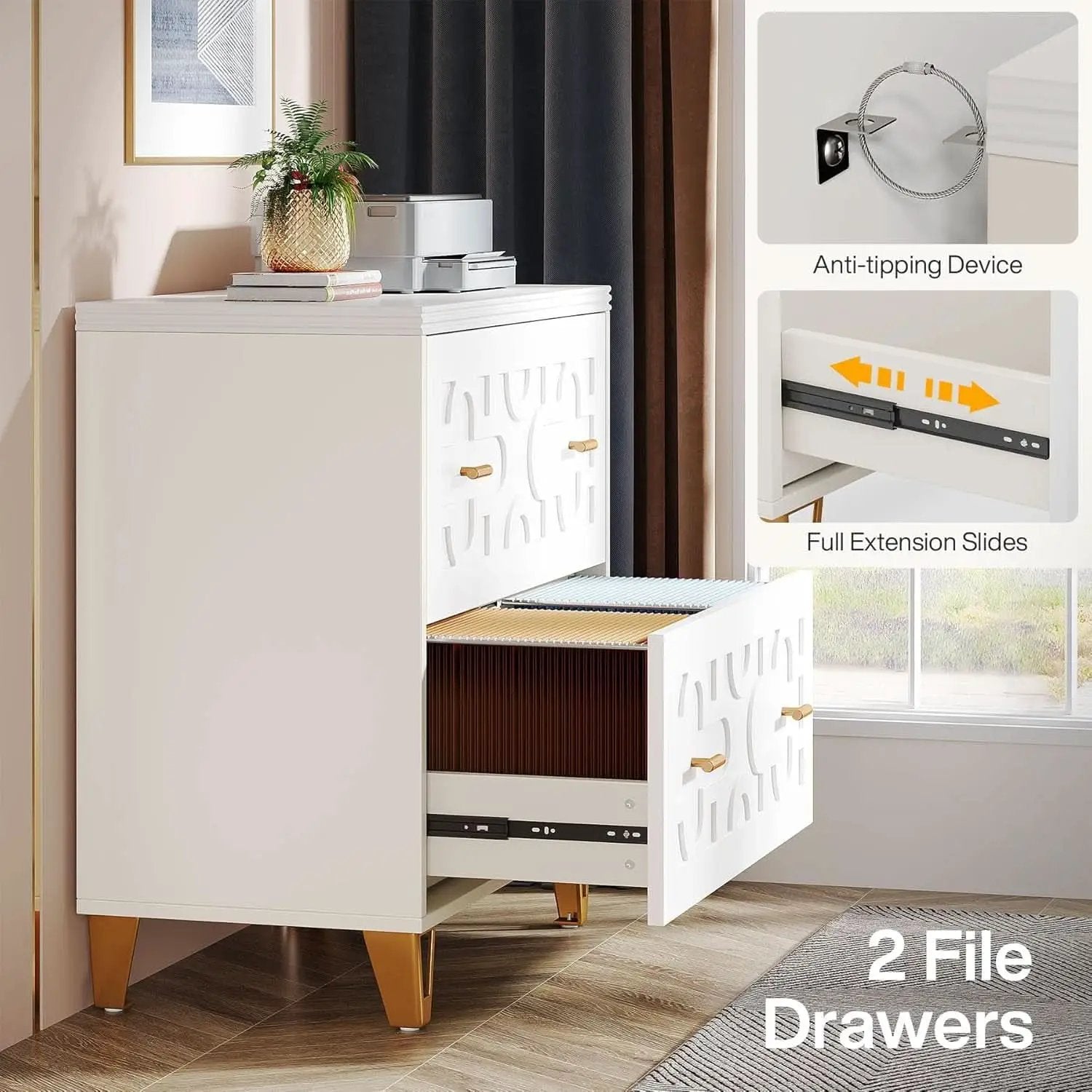 Two Drawer Lateral File Cabinet White And Gold For Legal Letter A4 Files Printer Stand Home Office from PriceLows™