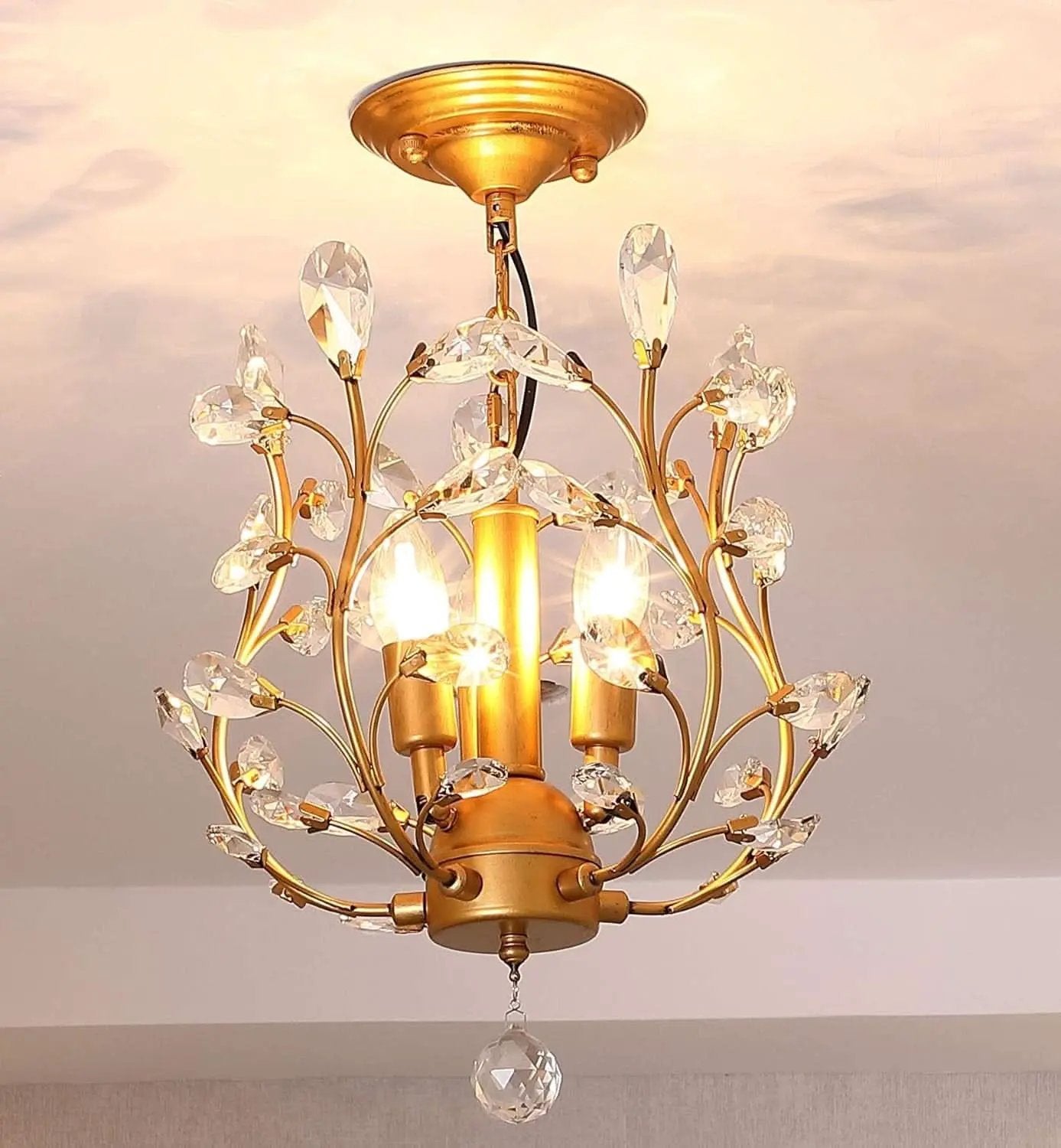 Gold Three Light Crystal Chandelier Ceiling Fixture With Adjustable Chain from PriceLows™