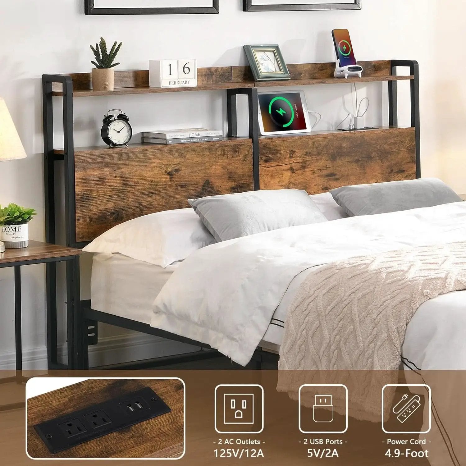 Queen Size Headboard with Storage and Charging Station from PriceLows™