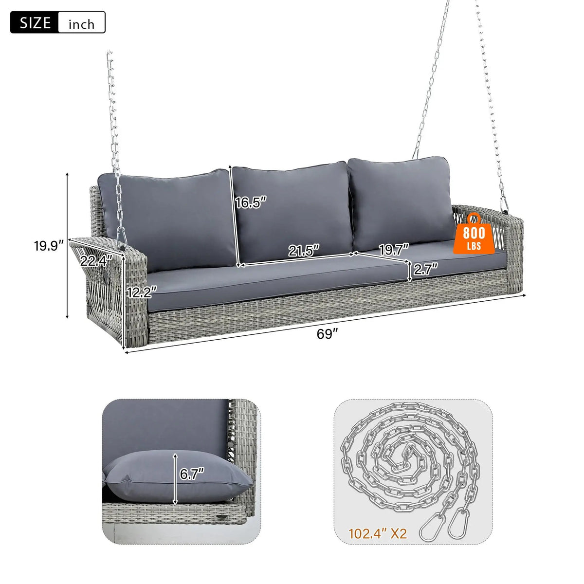 3 Person Patio Swing Bench | Hand-Woven PE Rattan | Cushions Included | Double-Strand Weave