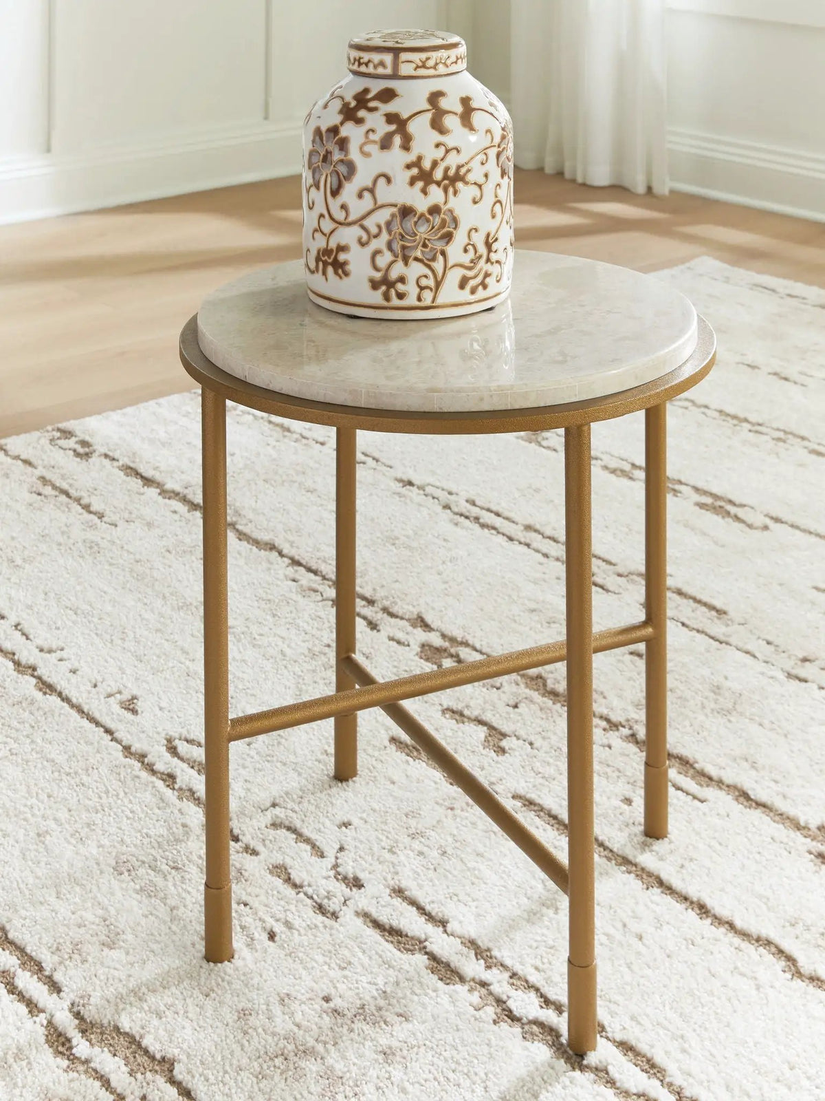 Alben Round End Table | Antiqued Goldtone Metal Frame | Natural Marble Top | 20.5 Inch Diameter