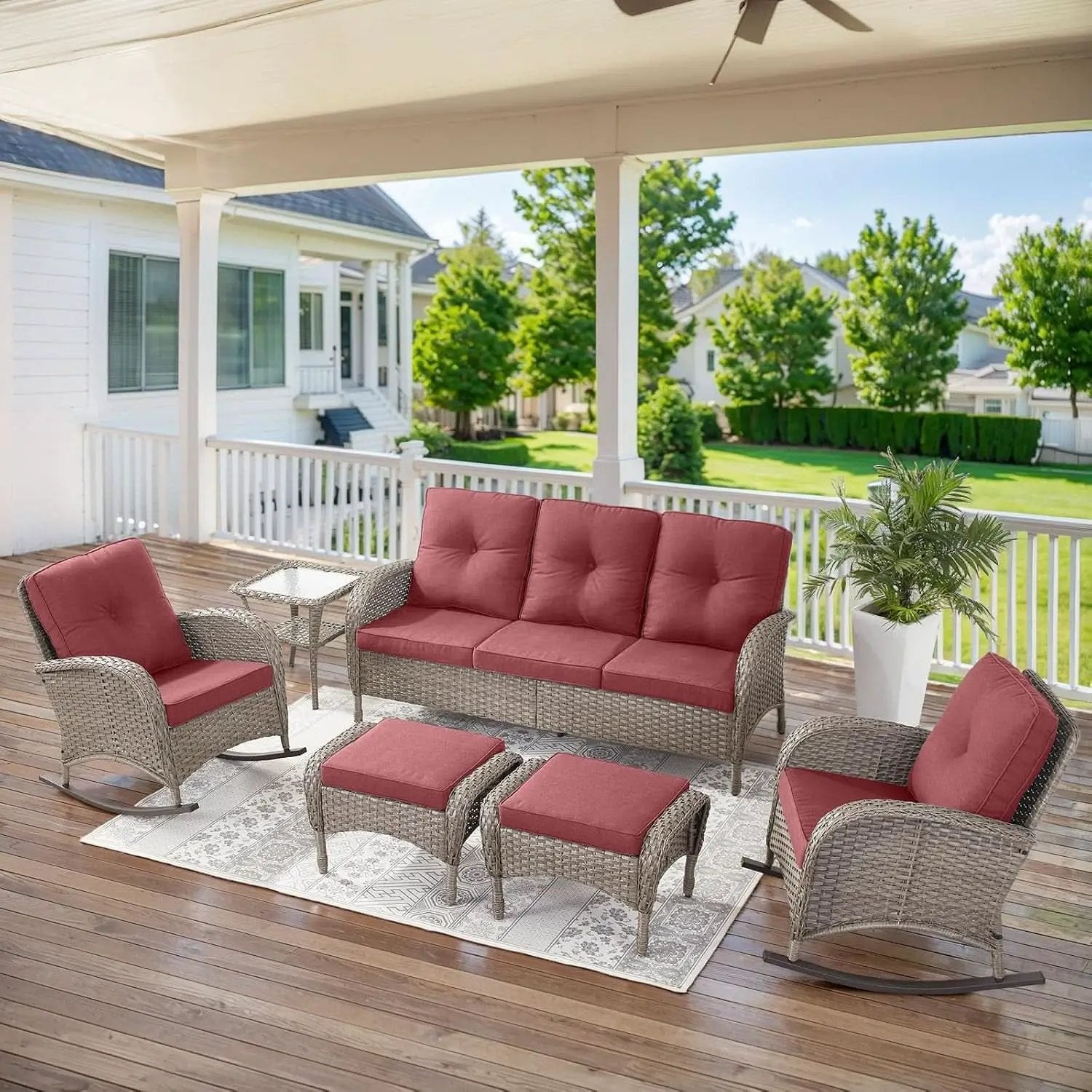5 Piece Patio Rocking Chairs Set With Wicker Ottomans from PriceLows™