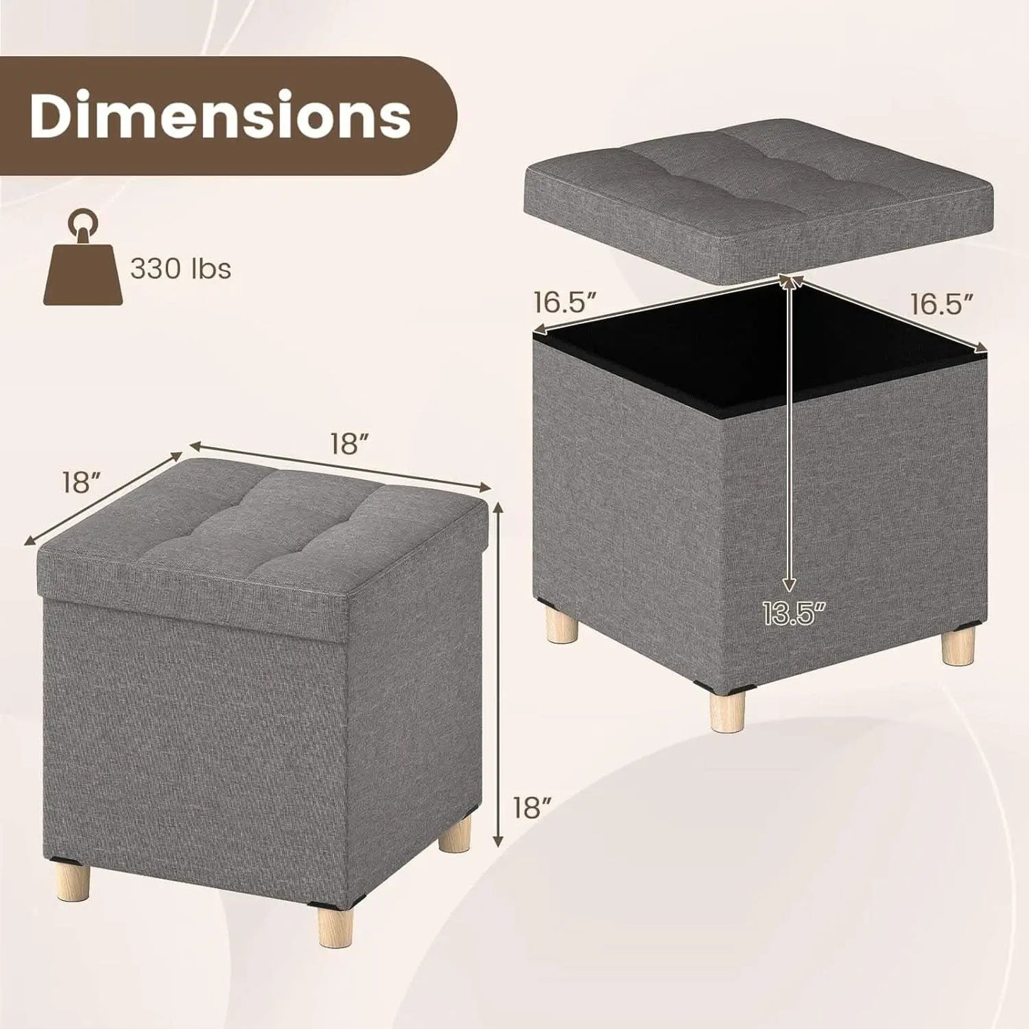 Linen Fabric Storage Ottoman Cube With Tray Lid Elevated Legs 18 Inch from PriceLows™