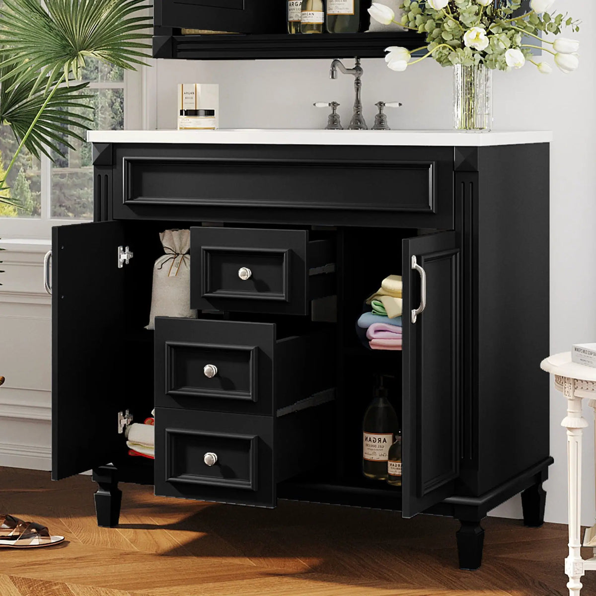 36 Inch Bathroom Vanity With Top Sink | Basin On Cabinet | 2 Soft Closing Doors | 2 Drawers