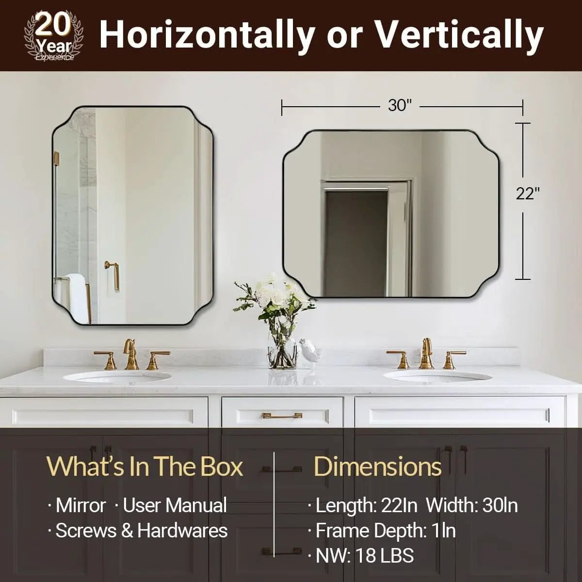 Black 22x30 Inch Scalloped Bathroom Mirror Stainless Frame from PriceLows™