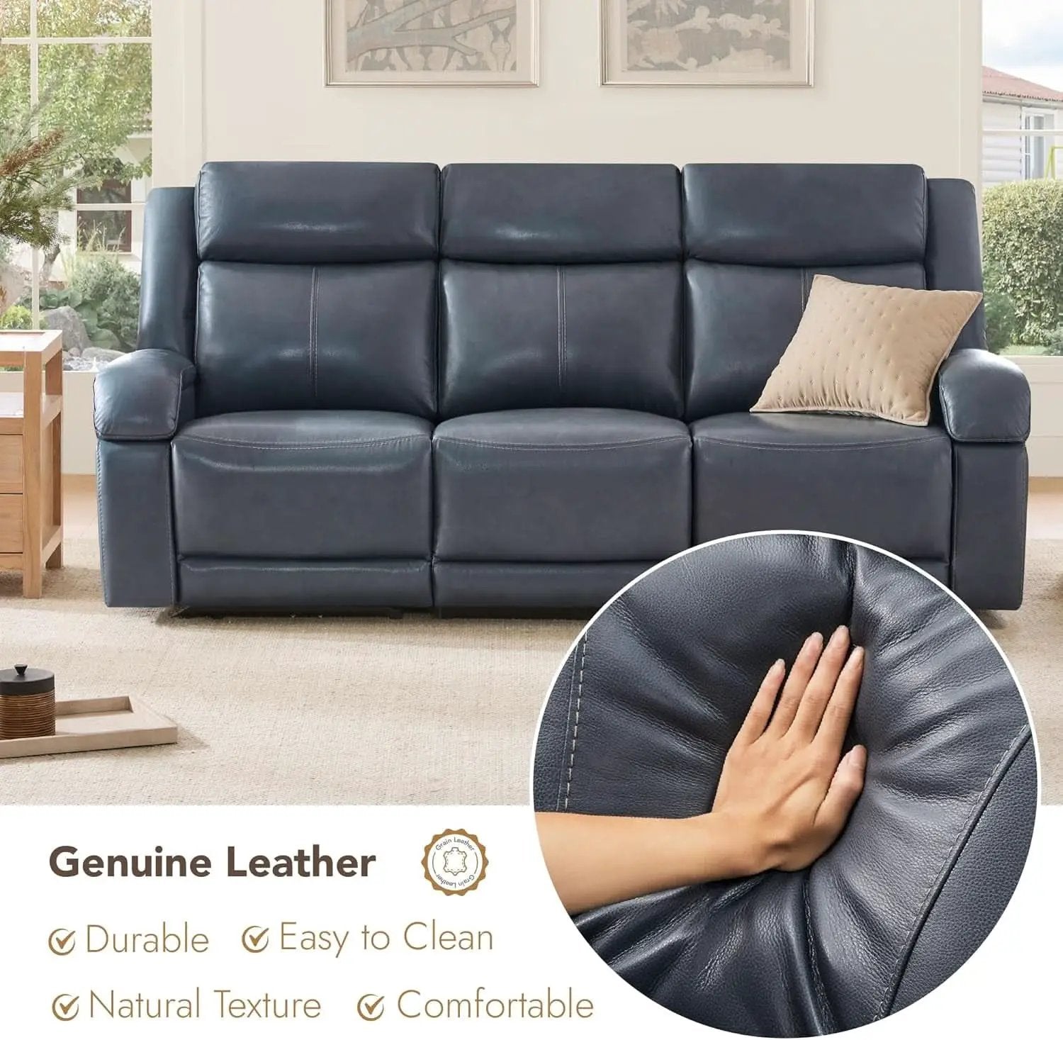 Navy Genuine Leather Power Recliner Sofa With USB Type C from PriceLows™