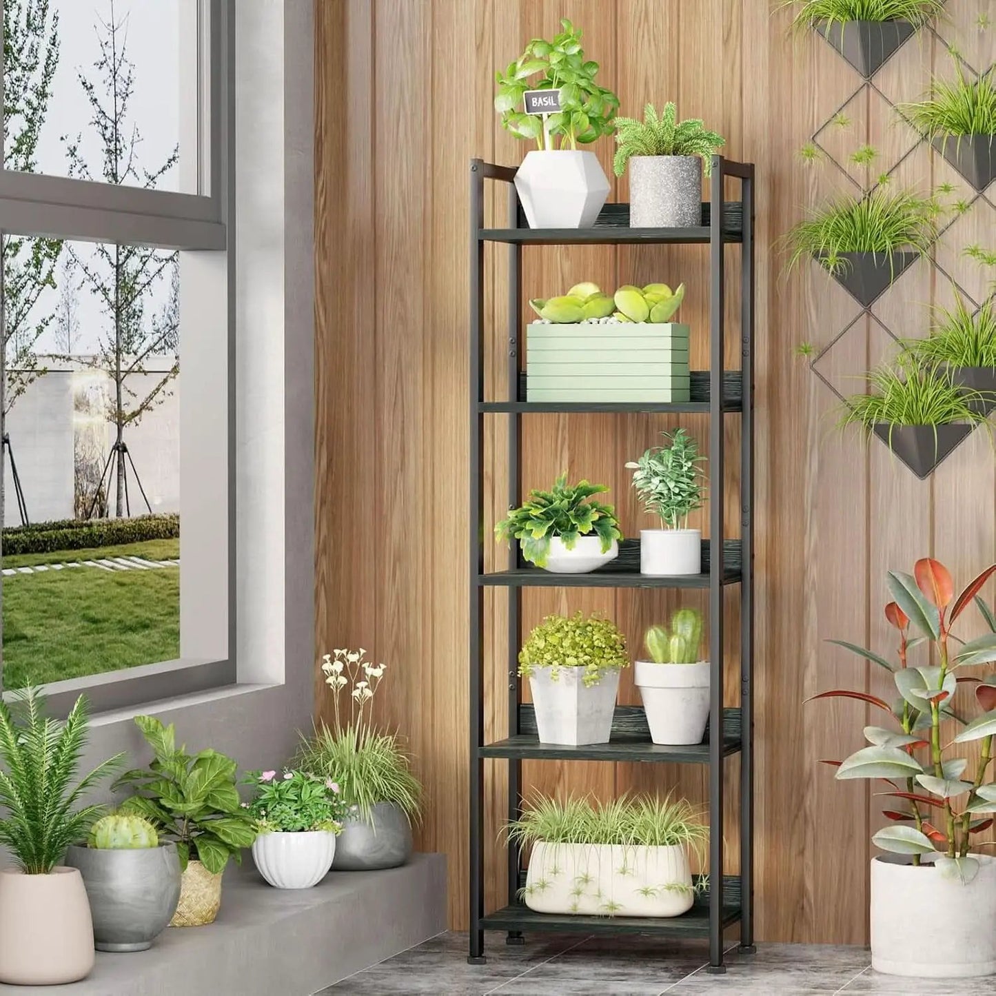 5 Tier Bookshelf With Drawer Black In Modern Rustic Style from PriceLows™